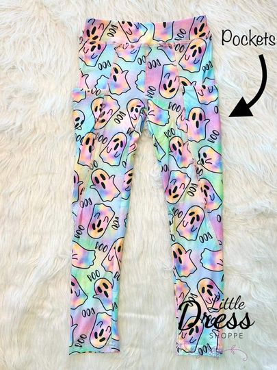 Neon ghost leggings, pockets, kids, pink, purple, pants, girls, Halloween, rainbow,