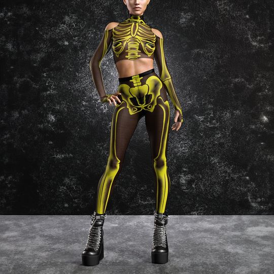 UV Halloween Leggings Women, Mesh Neon Skeleton Leggings, Skeleton Halloween Leggings