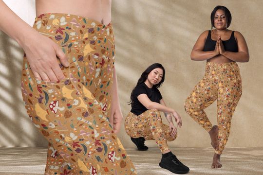 Fall Themed Crossover leggings with pockets, Halloween Leggings, Autumn Yoga Pants