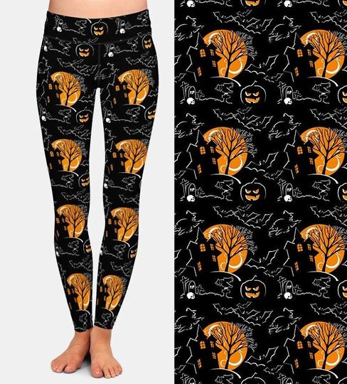 Halloween Moon Printed Leggings, Buttery Soft Fabric, Recycled Material, Super Soft and Stretchy