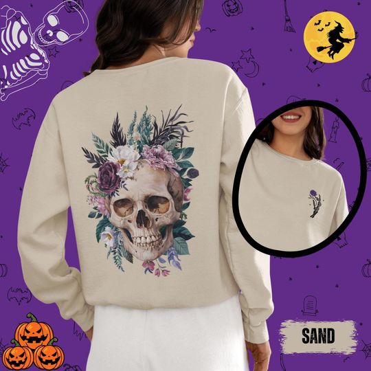 Floral Skull Halloween Sweatshirt - Double Sided Design