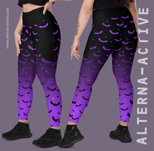 Purple Spooky Ombr Bat Print Full Length Gym Yoga Leggings