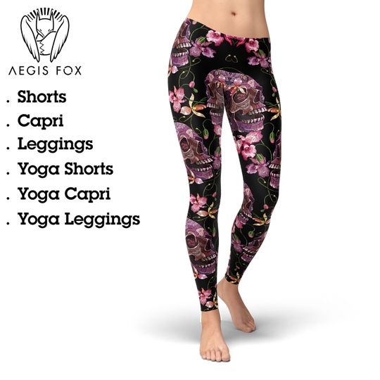Skull Floral Leggings for Women, Skull Tights, Yoga Pants, Printed Leggings