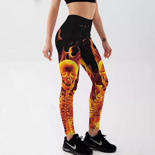 Flaming Skull Fire Day of the Dead Sugar Skull Yoga Leggings Exercise Pants New Design!