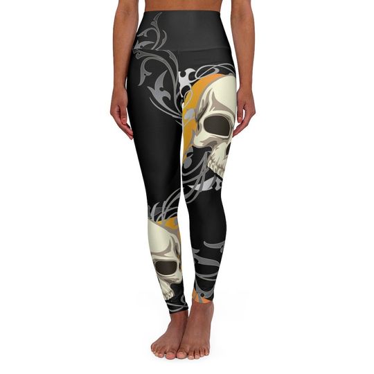 Halloween Spooky Skull Leggings, Gothic Skull Yoga Pants, Gothic Yoga Leggings