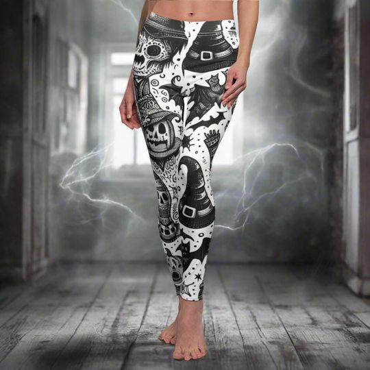 Witches And Skulls Halloween Leggings, Halloween Outfit, Spooky Skulls Leggings