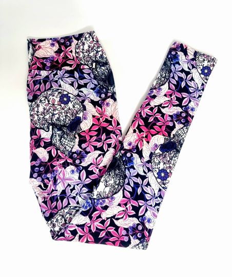Sugar Skull Floral Purple Pink Halloween Leggings, Super Soft Milk Silk Leggings