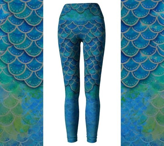 Hand Painted Watercolor Mermaid Leggings, Eco Friendly Mermaid Scales Leggings