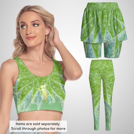 Tinkerbell Fairy Women's Sports Set Leggings Crop Top Skorts Halloween
