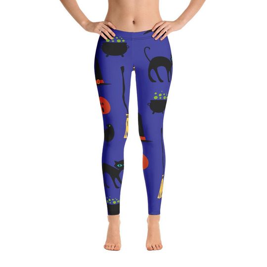 Halloween Black Cat Leggings, Witch Broom, Pumpkin Leggings