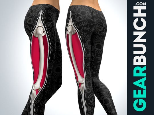 Realistic Skeleton Gothic Clothing, Black Zipper Leggings for Women