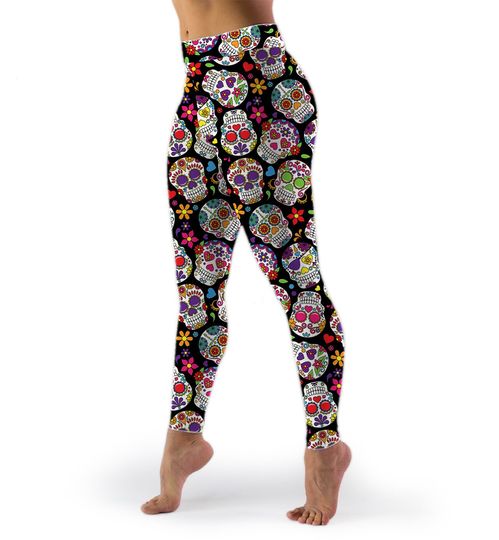 Sugar Skull Leggings, Stretch Lycra High-Waist Yoga Pants with Stash Pocket