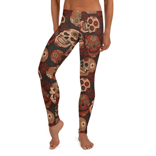 Dark Red Sugar Skull Leggings for Women, Dia de Los Muertos Leggings, Halloween Leggings