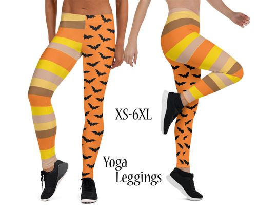 Halloween Leggings Black Bats Witch Striped Yoga Athletic Pants
