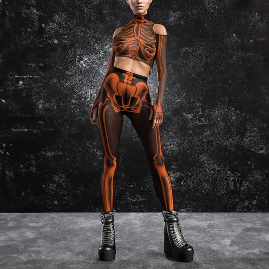 Mesh Neon Skeleton Leggings, Skeleton Halloween Leggings, UV Halloween Leggings Women