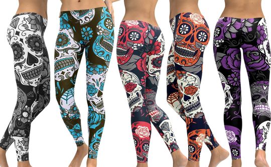 Large Sugar Skull Leggings w/ Pocket In Yoga Band