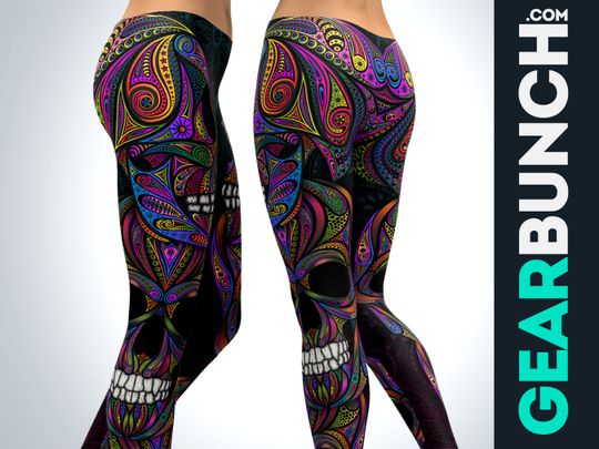 Vibrant Skull Leggings, Printed Leggings For Women, Gothic Halloween Leggings