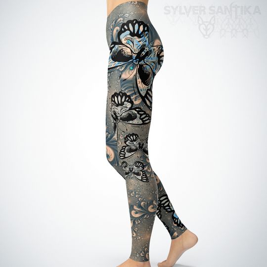 Skull Leggings Day of the Dead Skull Butterfly Leggings Blue Fractal