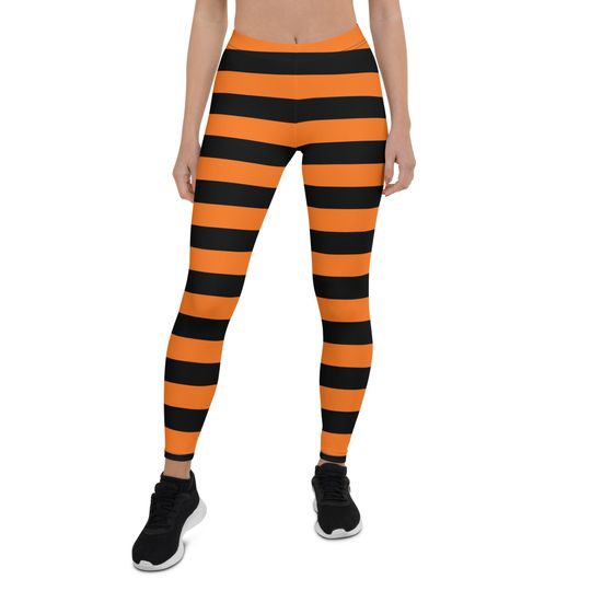 Black Pumpkin Orange Striped Leggings Women, Halloween Witch Goth Printed