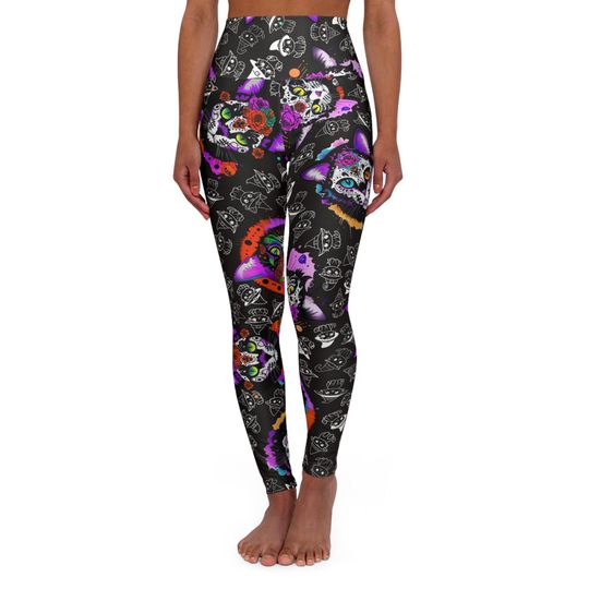 Cat Sugar Skull Halloween High Waisted Yoga Leggings, Halloween Costume