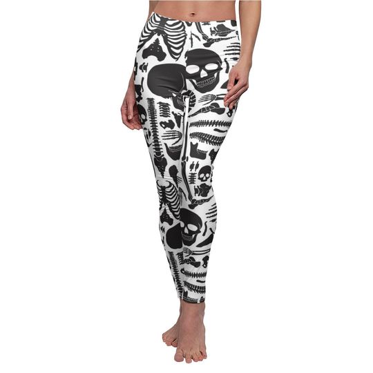 Skeleton Halloween Leggings, Black White Skull Human Bones Anatomy Goth Yoga Pants