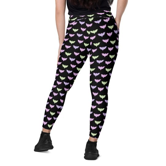 Bat Print Halloween Leggings | Crossover Waist Leggings | Womens Halloween Leggings