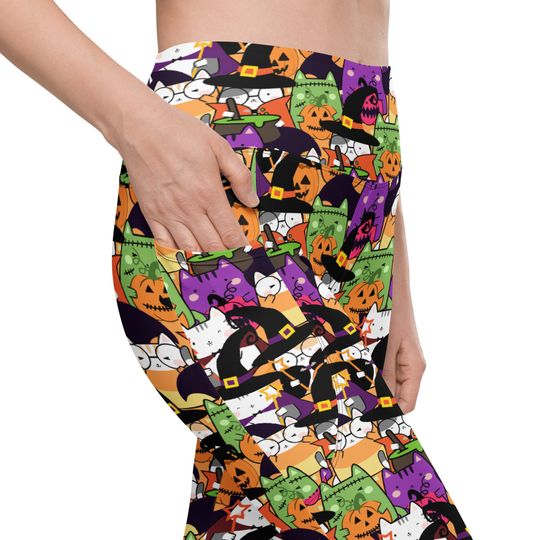 Halloween Leggings with pockets - Witch Cats, High Waisted ladies gym wear
