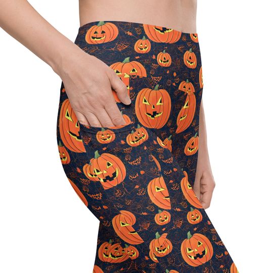 Halloween Leggings with pockets - Pumpkins, High Waisted ladies gym wear