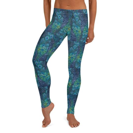 Pomp & Peacock Leggings, Blue ~~~ Women's Teen Bird Animal Print Tight Stretch Pants
