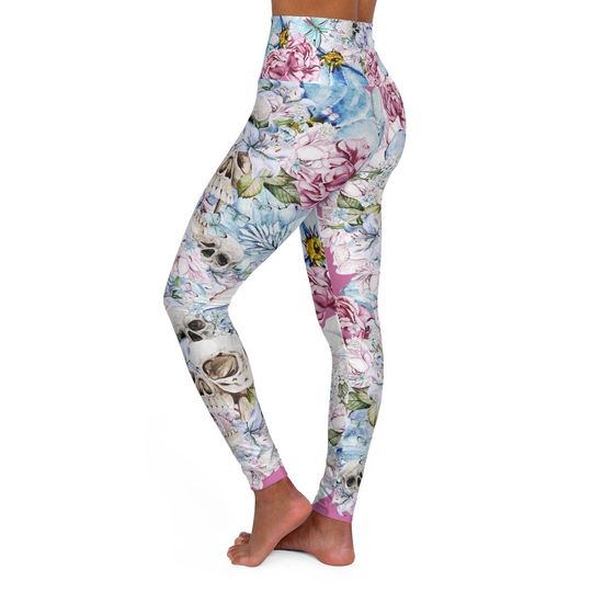 Skull Pink Flowers High Waisted Yoga Leggings | Halloween Skulls