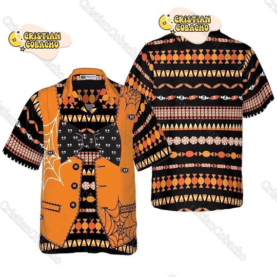 Halloween Candy Man Black And Orange Hawaiian Shirt, Costume Halloween 3D Button Shirt, Candy Cosplay Horror Shirt For Man, Holiday Gift