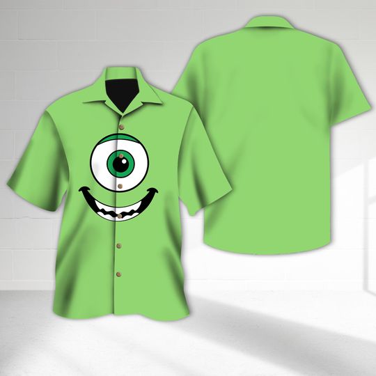 Green Eye Mike Monster Costume Hawaiian Shirt, Green Face Expression Halloween Shirt, Mike Wazowski Emoji Hawaii Shirt, Monsters Cosplay Tee