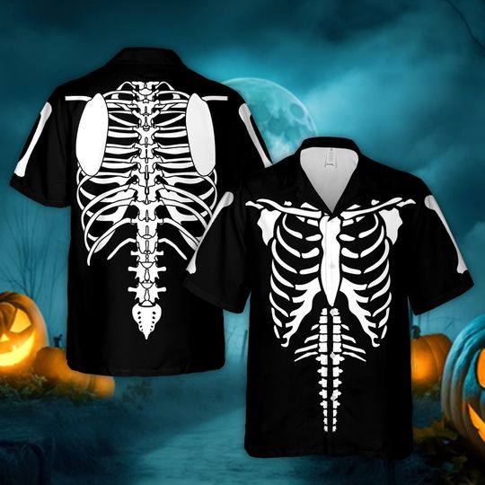 Halloween Scary Skeleton Rib Cage Hawaiian Shirt, Spooky Season Button Up Shirt