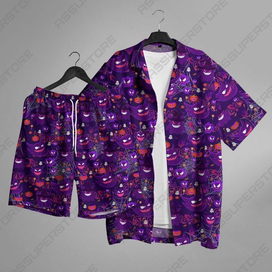 Gengar Hawaiian Button-Up Shirt Gengar Ghost Halloween Hawaii Shirt Gift