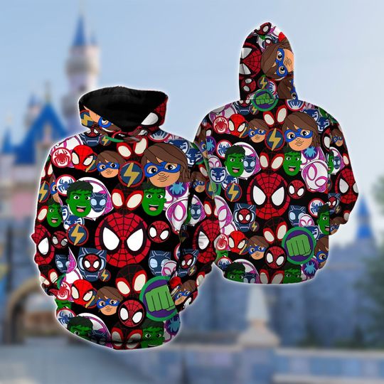 Personalized Spidey Characters Head Hoodie, Spidey And His Amazing Friends 3D Adult Hoodie, Superhero All Over Print Shirt