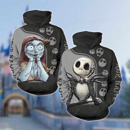 Personalized Jack And Sally Hoodie, Nightmare Before Christmas 3D Adult Hoodie, Couple All Over Print Shirt, Custom Name Hoodie