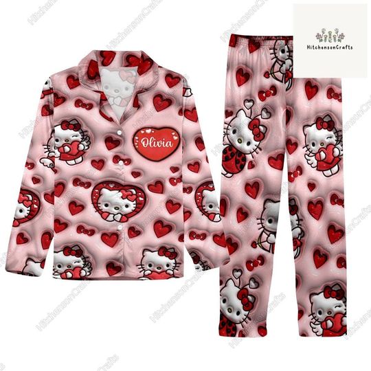 Custom Hello Kitty Pajama Set, Hello Kitty Pajamas Family, Hello Kitty Pajamas Christmas, Cute Kitten Holiday Pajamas, Womens Pajamas