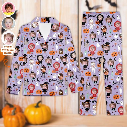 Personalized Orange Pumpkin Family Pajamas Set, Custom Photo Halloween Pajamas Set, Kids Halloween Pajamas, Spooky Pajamas, Fall Pajamas Set