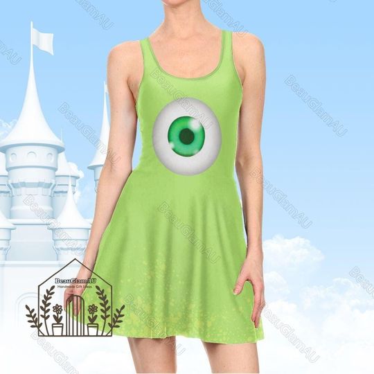 Halloween Monsters Inc Costume Cosplay Skater Dress, Mike Wazowski Cosplay Dress, Disneyland Dress, Magic Kingdom Gift, Monsters Dress