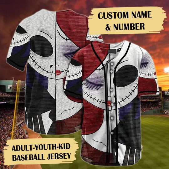 Jack And Sally Halloween Baseball Jersey, Jack Sally Couple Baseball Shirt, Nightmare Before Jersey Team