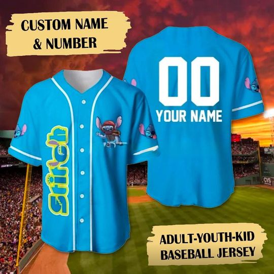 Custom Name & Number Stitch Baseball Jersey, Blue Dog Monster Team Basketball Jersey, Stitch Magic Kingdom Shirt, Birthday Gift For Kid