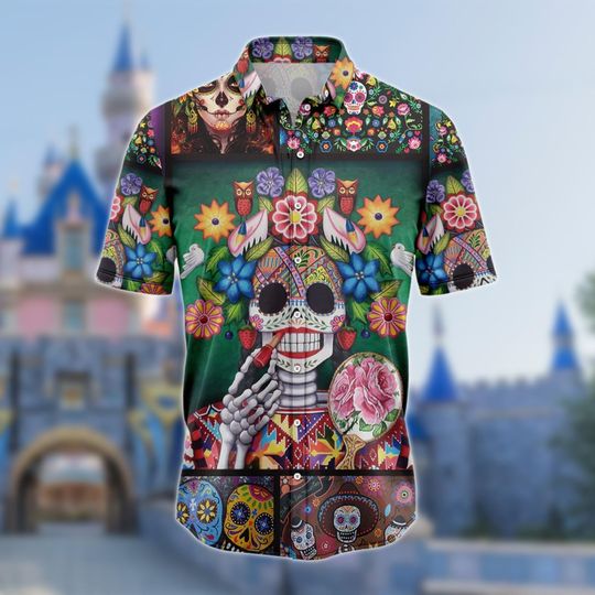 Floral Sugar Skull Hawaii Shirt, Mexican Hawaii Shirt, Dia De Los Muertos Hawaiian Shirt, Day Of The Dead Hawaii Shirt, Halloween Gift