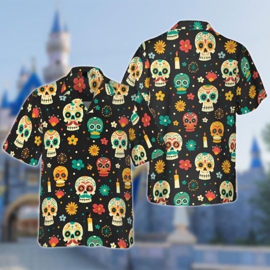 Sugar Skull Pattern Dia De Los Muertos Hawaiian Shirt, Mexican Sugar Skull Shirt, Day Of The Dead HawaiiShirt, Skeleton Halloween Party Gift