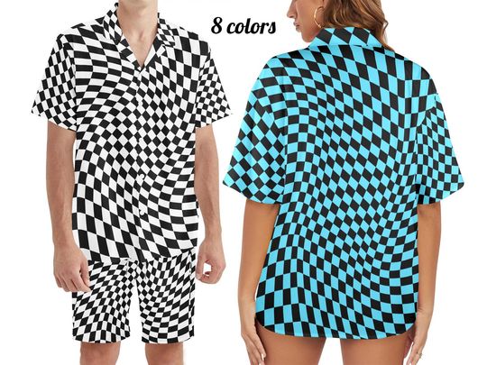 Vintage Retro Distorted Checkerboard pattern Hawaiian button shirt