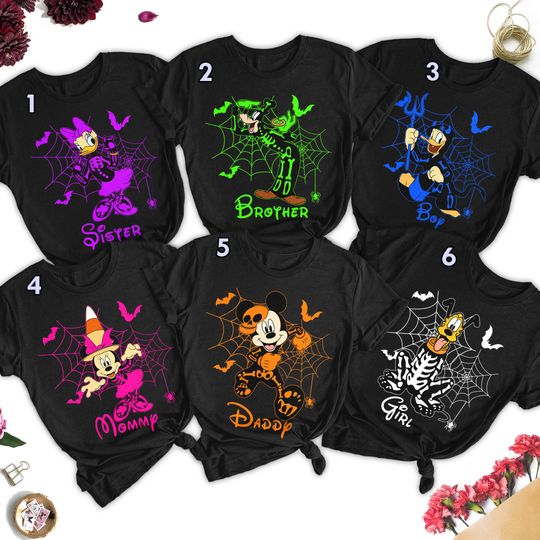 Personalized Mickey And Friends Skeleton Halloween Shirt, Custom Character Mickey Skeleton Shirt, Skeleton Family Tee, Halloween Group Shirt