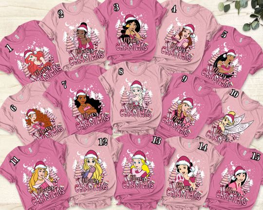 Pink Princess Christmas Unisex T-Shirt, Pink Christmas Tree Shirt, Princess Mickey's Very Merry Christmas, Elsa Tinkerbell Snow White Shirt