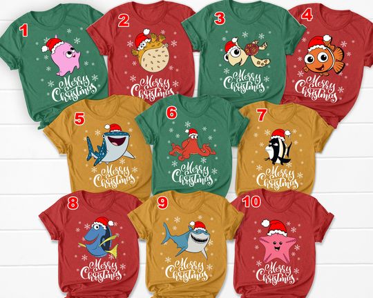 Disney Finding Nemo Christmas T-shirt, Custom Character Marlin Dory Crush Bruce Peach Pearl Xmas Matching Tee, Disney Family Party Shirt