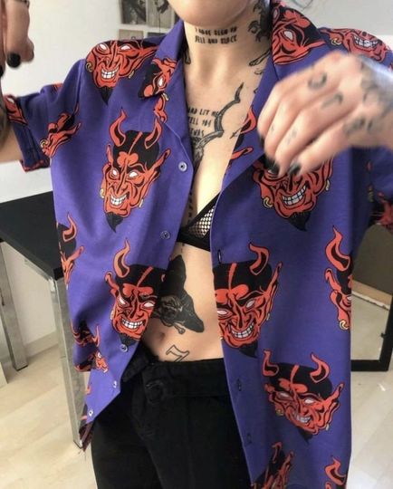 Purple Red Devil Harajuku Oversized Graphic Button Down Hip Hop Hawaiian