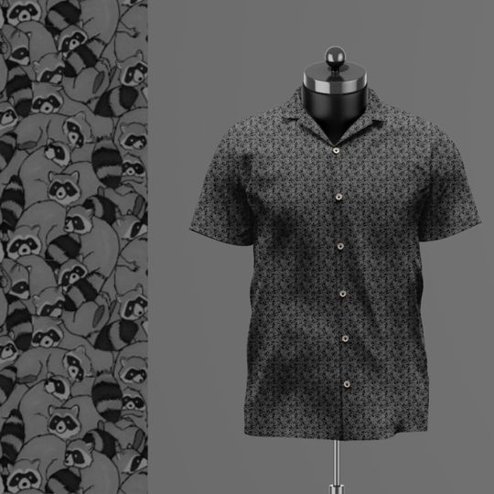 Raccoon Print Hawaiian Shirt, Casual Grayscale Button-Up Vacation Wear