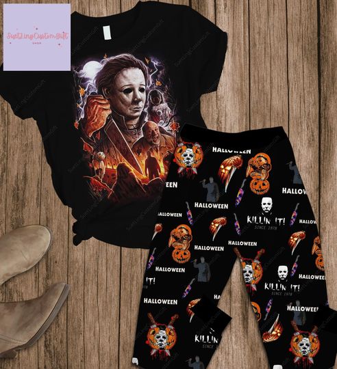 Halloween Michael Myers Pajamas Set, Michael Myers T-Shirt And Pants, Michael Myers Pajamas, Horror Movie Pajamas, Halloween Gifts